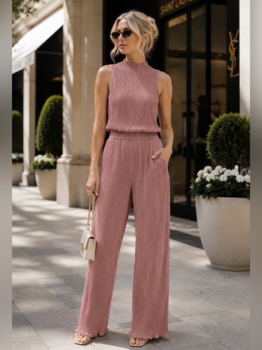 High-Neck Pleated 2-Piece Pant Set | Size Small in Mauve